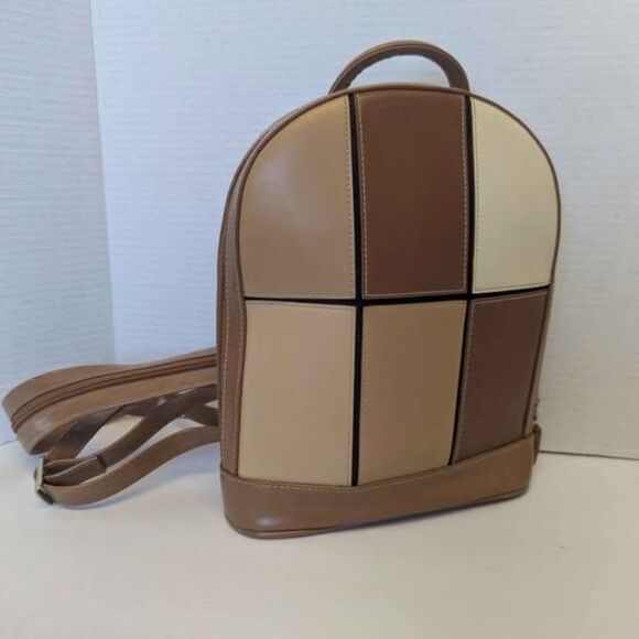 Small Two-Tone Tan Vegan Leather Backpack Crossbody Bag for Her 10x8.5x2